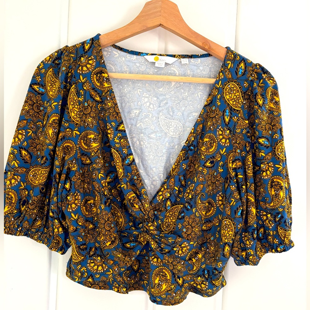 Boden Blue and Mustard Paisley Crop Top